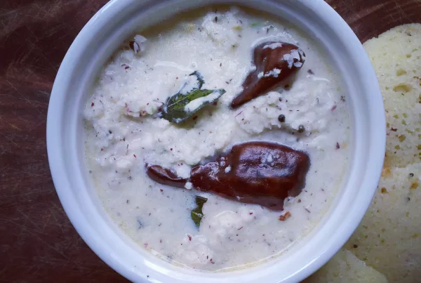 Coconut chutney, served with rava idlis